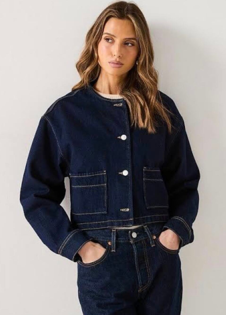 Mango Womens Collarless Denim Jacket Contrast Stitch Rinse Wash Indigo Cropped S